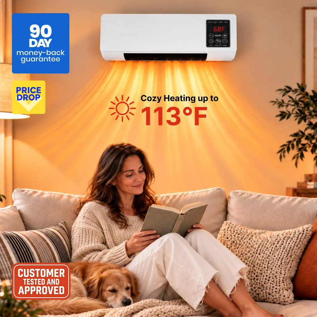 Woman relaxing on a sofa warmed by a wall-mounted Cozy Cove Pro heater